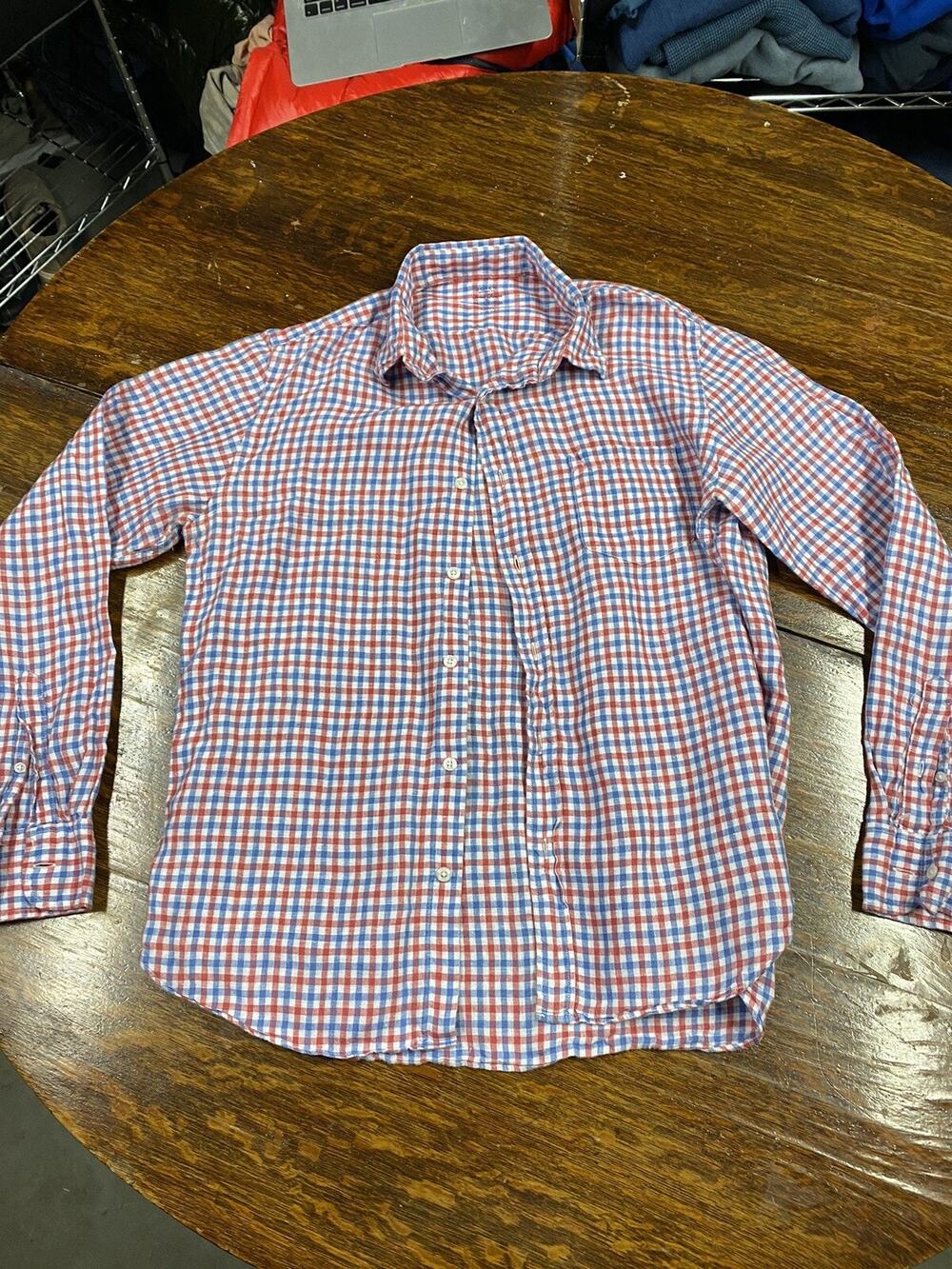 J Crew Shirt Mens large orange white Blue Irish Linen Baird Mcnutt Button Up